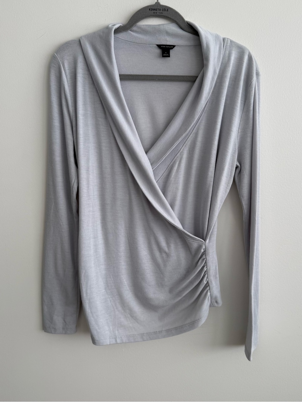 Ann Taylor Light Gray Draped Wrap-Front Long Sleeve Top Medium